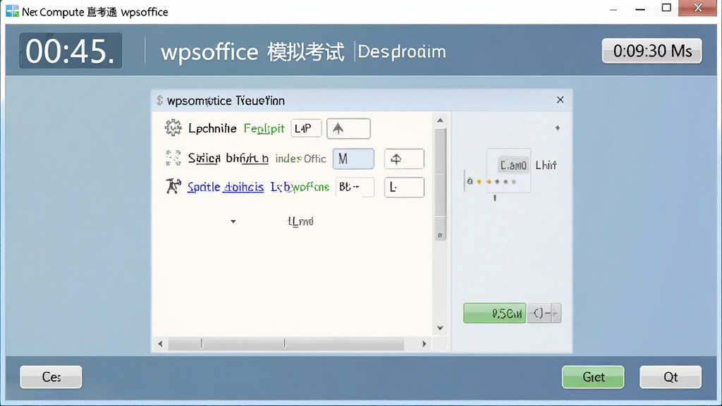职称计算机直考通之wpsoffice模拟考试界面截图,显示答题区域、计时器、题目切换按钮,界面仿真度高,风格专业,色彩柔和,画质清晰,干净无多余元素