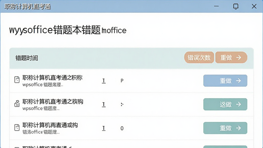 职称计算机直考通之wpsoffice错题本界面,显示错题列表、错误次数和重做按钮,界面简洁,风格清爽,色彩淡雅,画质干净,无多余元素
