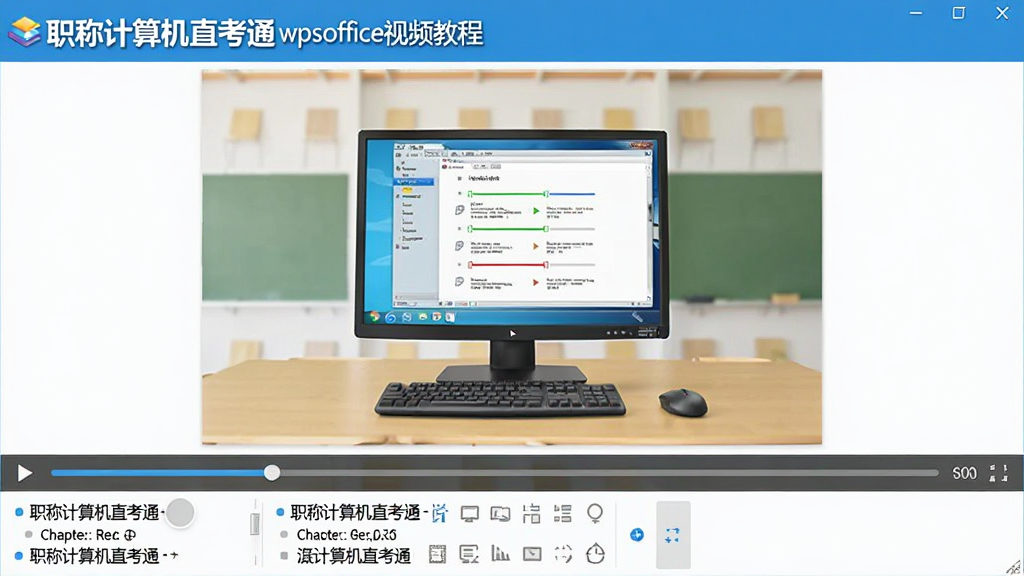 职称计算机直考通之wpsoffice视频教程播放界面,中间为教学视频,下方有进度条和章节列表,风格教育化,色彩明亮,画质清晰,干净无多余元素