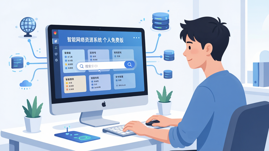 场景图,一位年轻人在整洁的电脑桌前使用“智能网络资源系统 个人免费版”,屏幕显示分类清晰、搜索框醒目,周围有网络连接与数据流动的抽象元素,整体风格明亮现代,界面扁平化,高分辨率,干净无多余元素