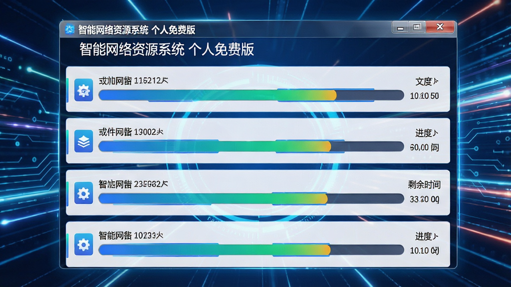 动态效果图,显示“智能网络资源系统 个人免费版”的下载界面,多个下载任务并行进行,速度条高速前进,界面显示文件大小、进度、剩余时间,背景有速度线条特效,风格科技感,画面明亮,高分辨率,干净无多余元素