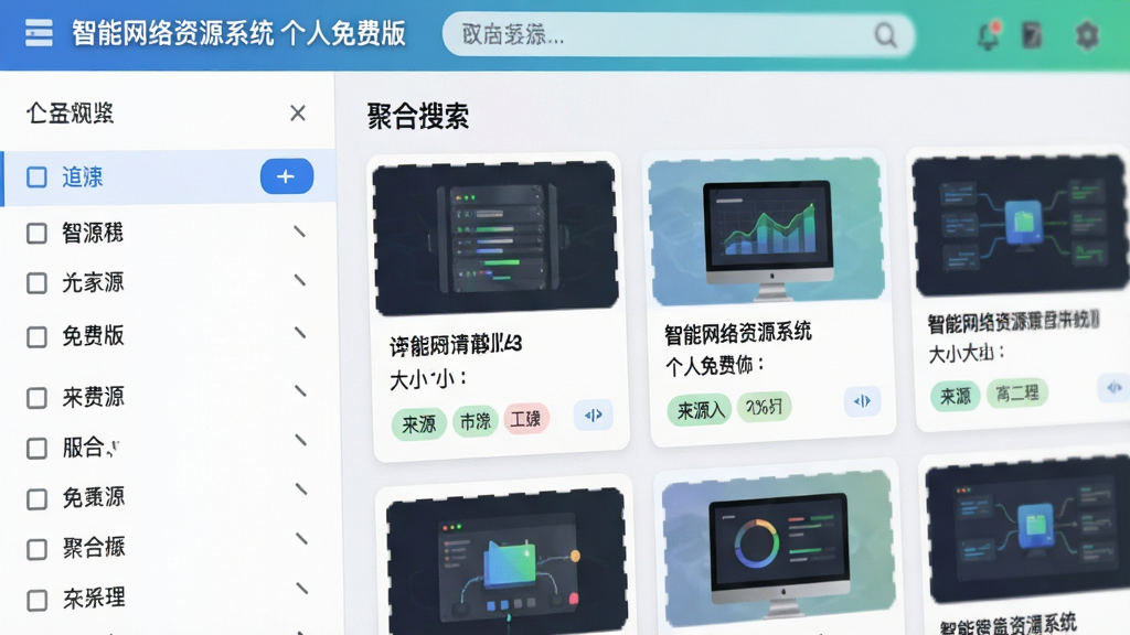 特写界面截图,显示“智能网络资源系统 个人免费版”的聚合搜索结果页,左侧分类筛选栏,右侧资源卡片列表,包含缩略图、标题、大小、来源标签,整体UI简洁现代,色彩清新,高分辨率,细节丰富,画质干净