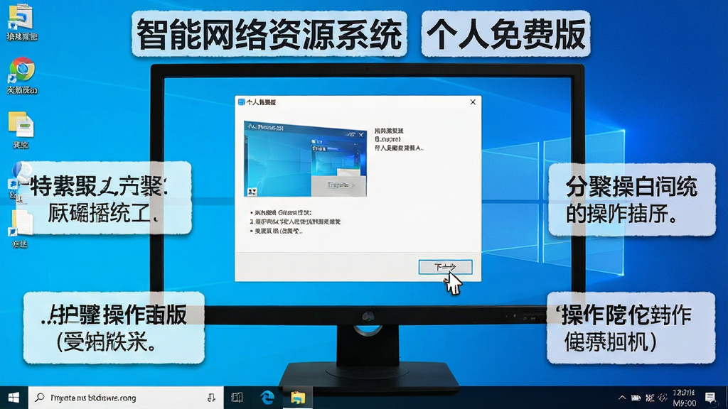 教程场景图,展示“智能网络资源系统 个人免费版”的安装步骤,屏幕上显示安装向导界面,鼠标点击“下一步”,桌面背景为Windows系统,周围有操作说明文字框,风格写实,高分辨率,干净无多余元素
