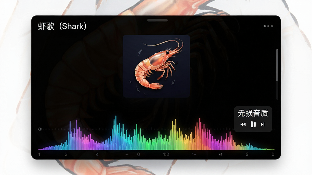 主体:虾歌(Shark)播放无损音乐的界面特写,展示高解析度音频的播放状态。布局:居中是正在播放的歌曲封面,下方是音频频谱图。排版:简洁的浮动窗口设计,突出频谱动态效果。风格:科技感视觉,黑色背景配合彩色频谱光效。细节:频谱图随音乐节奏跳动,界面显示“无损音质”标识,左上角有“虾歌(Shark)”字样。画质:高清,干净,无多余元素。