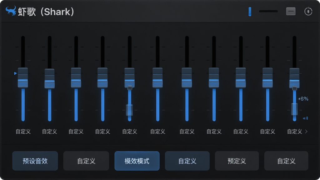 主体:虾歌(Shark)的音效均衡器调节面板。布局:居中显示10段均衡器滑块,下方为预设音效模式按钮。排版:横向排列滑块,配色为深色背景配蓝色滑块。风格:专业音频软件风格,简洁直观。细节:滑块可拖动,旁边显示“自定义”字样,面板左上角有“虾歌(Shark)”标识。画质:高清,干净,无多余元素。