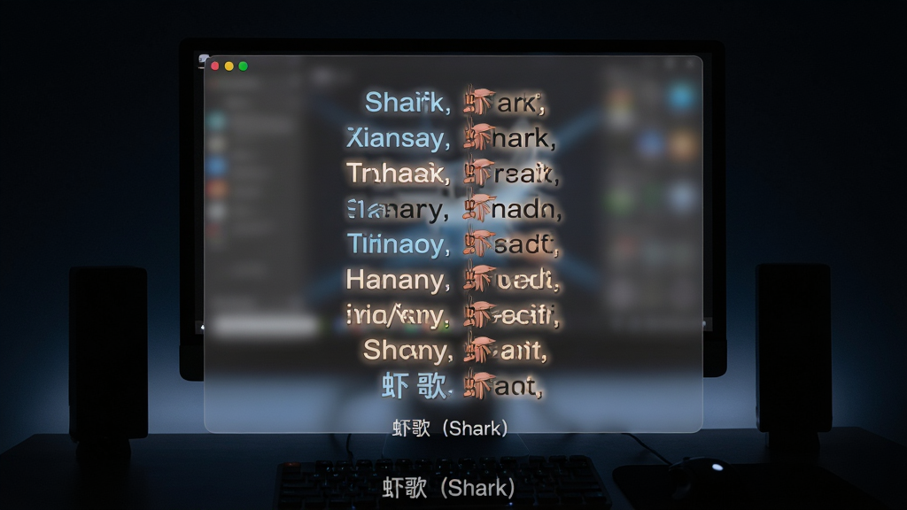 主体:虾歌(Shark)在电脑上运行时的桌面歌词效果,歌词悬浮于桌面。布局:歌词居中显示,背景为半透明毛玻璃效果。排版:歌词逐行高亮,字体清晰。风格:现代化桌面歌词风格,简洁美观。细节:歌词底部有“虾歌(Shark)”水印,桌面背景为深色。画质:高清,干净,无多余元素。