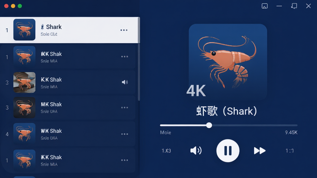 主体:虾歌(Shark)音乐播放器软件界面,展示其简洁的播放主界面和歌曲列表。布局:界面居中展示,左侧为清晰的歌曲列表,右侧为醒目的播放控制区域。排版:现代感排版,配色以深蓝和白色为主,突出科技感。风格:扁平化设计,干净利落,无多余装饰元素。细节:播放界面显示歌曲封面、进度条、音量控制等核心元素,屏幕中央有“虾歌(Shark)”字样。画质:4K高清,画面干净,无多余元素。