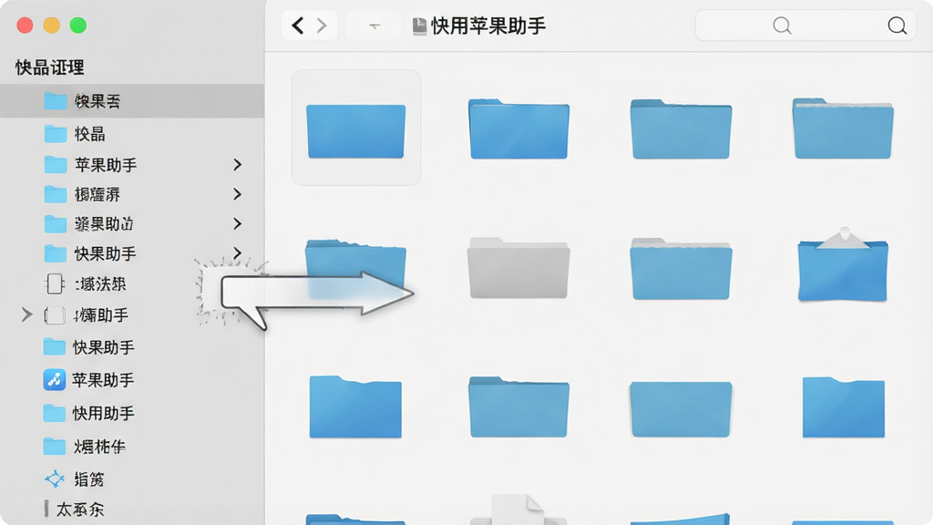 展示“快用苹果助手”文件管理界面,左侧是设备文件夹列表,右侧是文件缩略图,中间有拖拽动画效果,背景浅灰,风格简约,细节清晰,画质干净