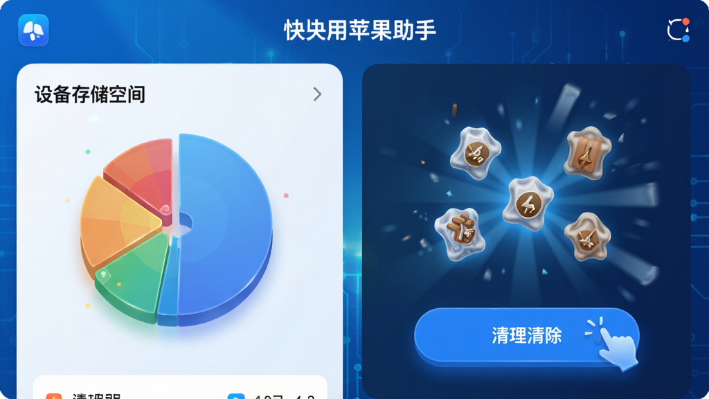 展示“快用苹果助手”清理功能界面,显示设备存储空间饼图,点击清理按钮后垃圾文件被清除的动效,背景科技蓝,图标立体,细节丰富,画质清晰