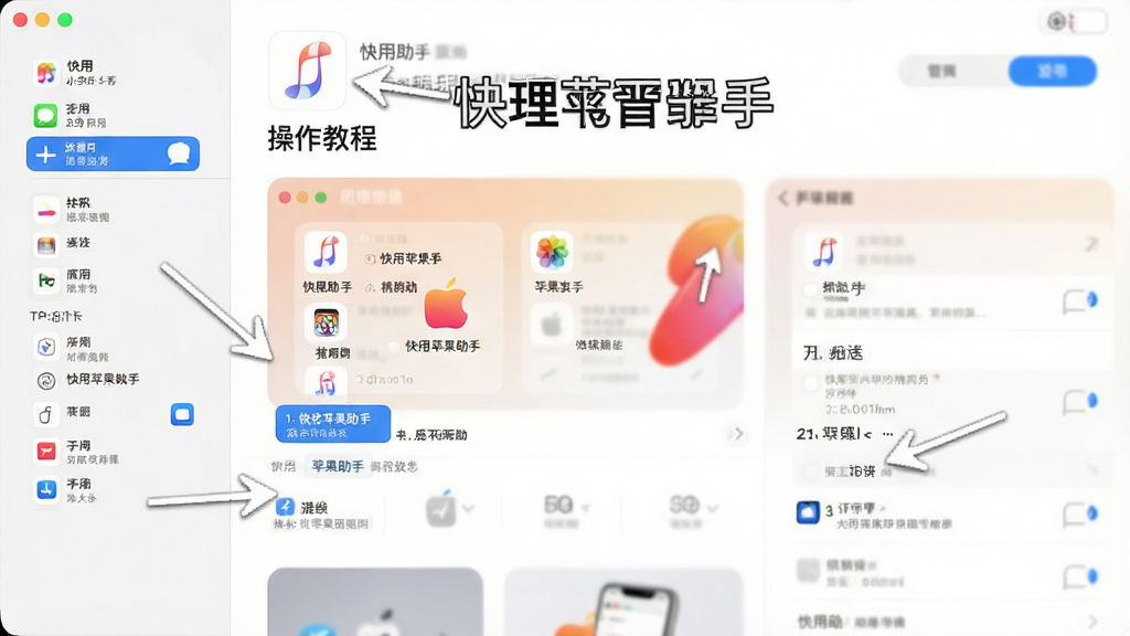 展示“快用苹果助手”操作教程截图,界面有箭头标注,步骤清晰,背景为软件主界面,风格简洁,画质干净,无多余元素