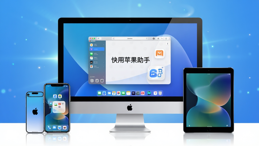 现代科技感风格主视觉图,画面中央展示“快用苹果助手”软件界面在电脑显示器上,周围环绕iPhone、iPad等苹果设备,蓝色渐变背景,光线明亮,细节丰富,画质清晰干净,无多余元素