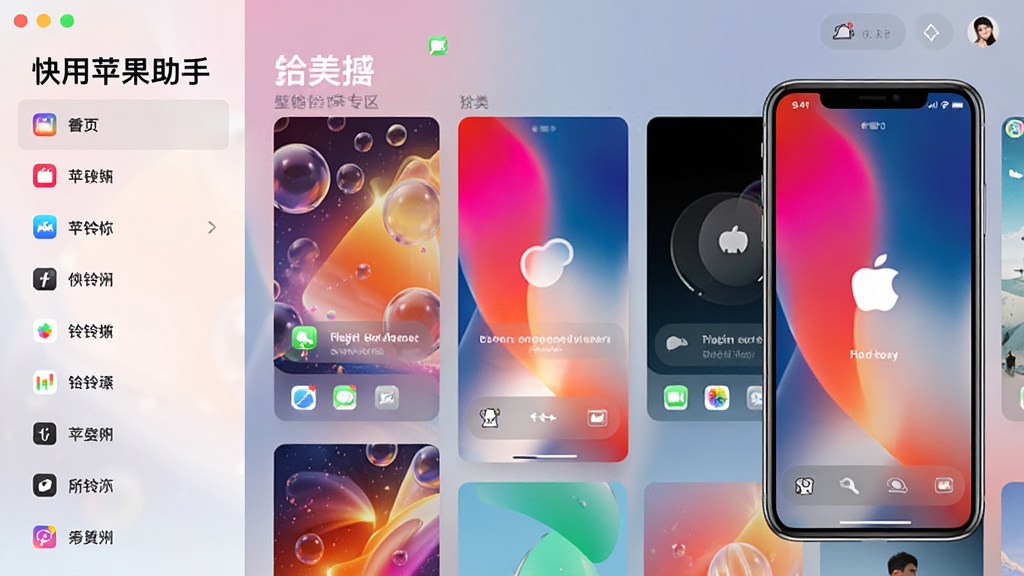 展示“快用苹果助手”壁纸铃声专区界面,左侧分类列表,右侧展示精美壁纸和铃声文件,手机模拟器预览效果,色彩鲜艳,风格时尚,画质清晰
