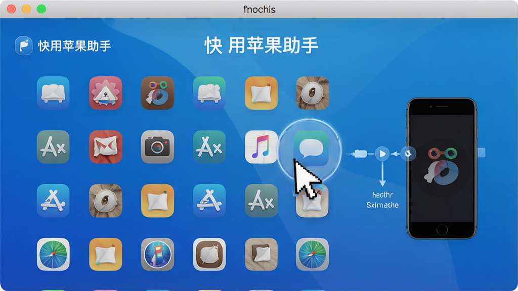 展示“快用苹果助手”电脑软件界面上有大量应用图标排列,鼠标指针点击一个应用,旁边有手机连接提示,界面简洁明亮,蓝色主色调,细节丰富,画质清晰,无多余元素