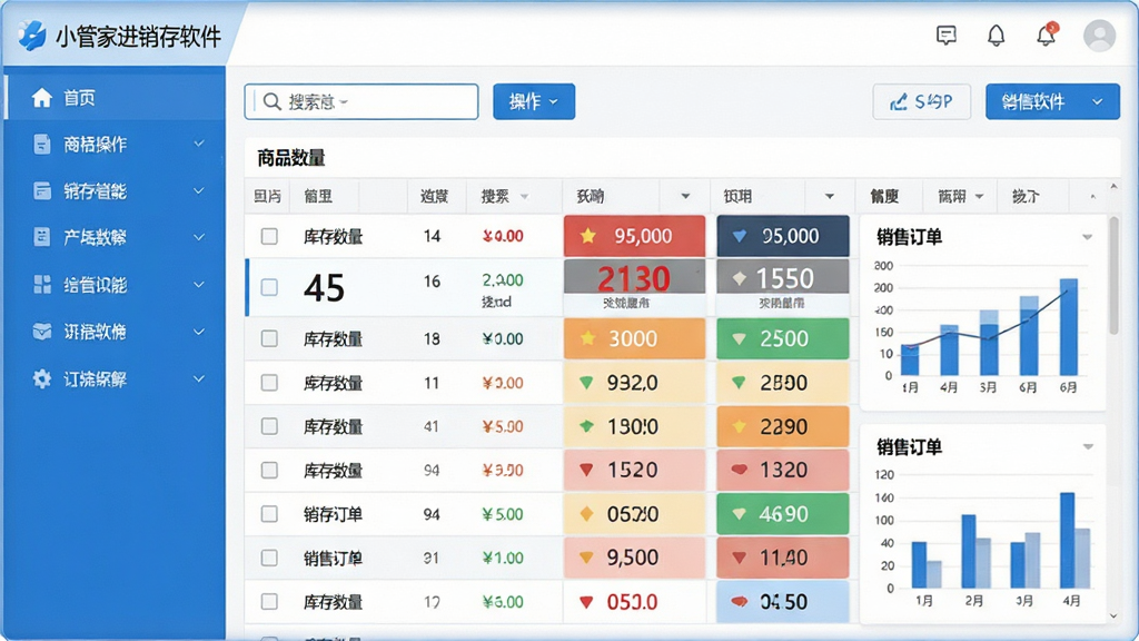 主体:小管家进销存软件的软件界面截图,展示商品列表、库存数量、销售订单等核心功能模块。布局:界面采用左右分栏设计,左侧为功能导航栏,右侧为数据表格,顶部为搜索与操作按钮。排版:表格行清晰,数据对齐,颜色区分不同状态。风格:现代简约商务风,蓝白主色调,扁平化图标。细节:屏幕上显示“小管家进销存软件”字样,库存数字醒目,图表元素点缀。画质:高清、干净、无多余元素。