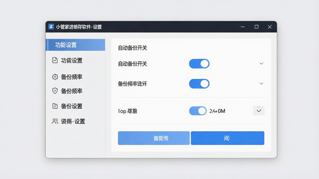 主体:小管家进销存软件的备份设置界面,显示自动备份开关和备份频率选项。布局:画面中央是设置窗口,左侧有功能列表,右侧为备份设置区域。排版:设置项清晰排列,开关按钮高亮。风格:清新简约,浅灰色背景。细节:窗口标题栏显示“小管家进销存软件-设置”,备份按钮为蓝色。画质:高清、干净。