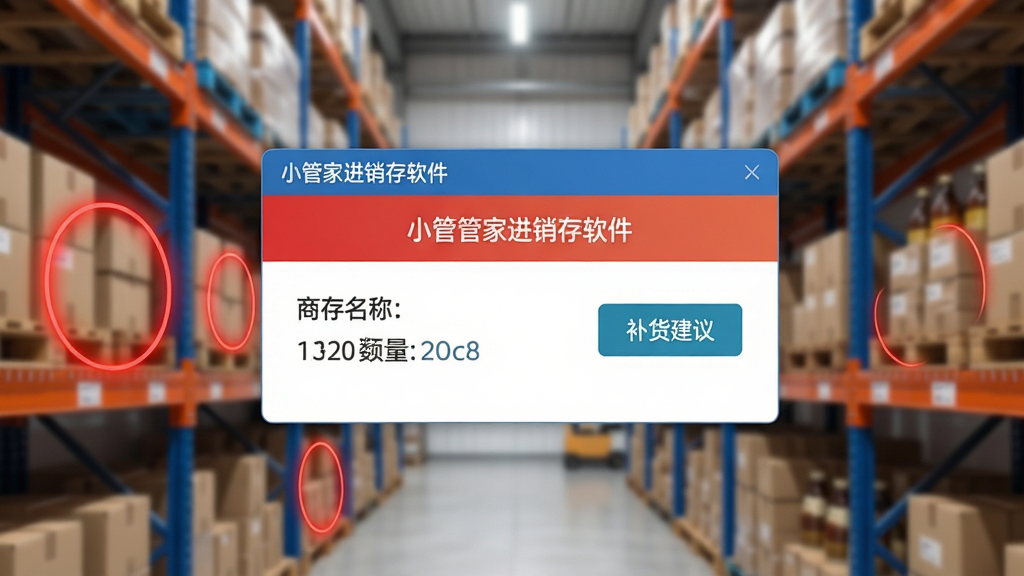主体:小管家进销存软件的库存预警界面,一个仓库货架背景,货架上部分商品被红色光圈标记。布局:画面中央显示预警提示弹窗,弹窗内有商品名称和库存数量,旁边是补货建议按钮。排版:信息层次分明,预警信息置顶。风格:写实与科技感结合,色彩明亮。细节:弹窗左上角有“小管家进销存软件”字样,背景虚化,突出预警内容。画质:高清、干净、无多余元素。