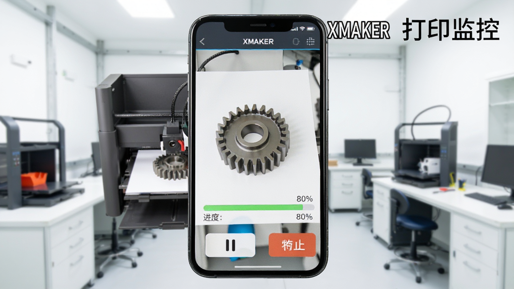 一张展示XMAKER软件打印监控界面的图片,手机屏幕显示打印机正在打印一个齿轮零件,进度条为80%,下方有暂停和停止按钮,背景为明亮的打印室,画质清晰,无多余元素,文字标注“XMAKER 打印监控”。
