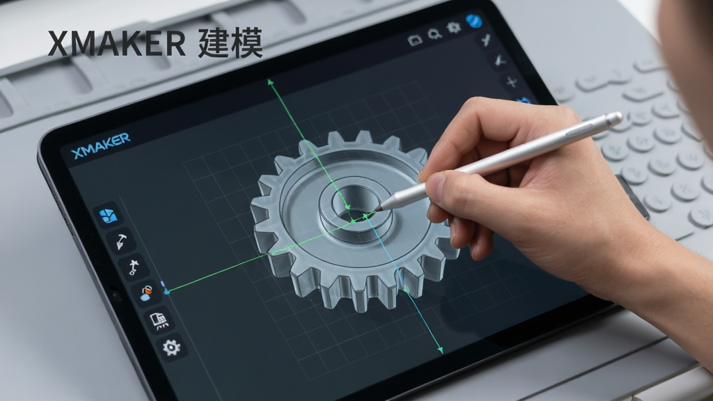 一张展示XMAKER软件内建模操作界面的图片,画面上有一只手正在使用触控笔在平板设备上拖拽调整一个3D齿轮模型,屏幕显示网格辅助线和工具栏图标,背景为浅灰色工作台,模型带有半透明效果,科技感强,画质清晰,无多余元素,文字标注“XMAKER 建模”。