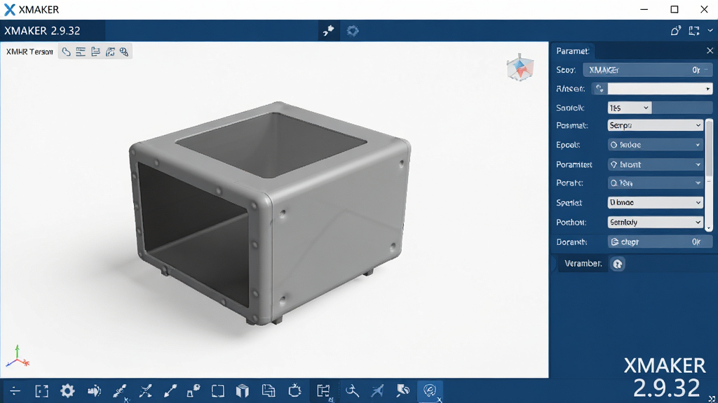 一张展示XMAKER软件主界面的高清截图,界面包含3D模型预览区、底部工具栏和右侧参数面板,整体风格简洁现代,配色以深蓝和白色为主,模型显示细腻,光线柔和,画质干净,无多余元素,文字标注“XMAKER”和“2.9.32”版本号,布局清晰,适合作为软件宣传图。