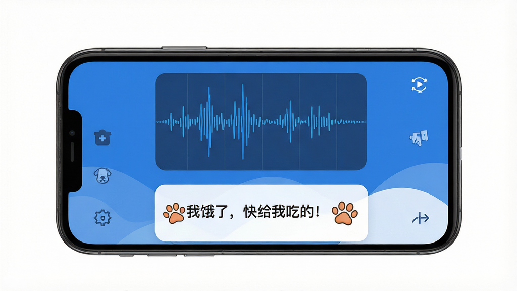 主体:智能手机屏幕展示狗语翻译器主界面,上方为波形图,下方为翻译结果“我饿了,快给我吃的!”布局:手机居中,四周留白。排版:UI界面清晰,功能图标排列整齐。风格:现代扁平化设计,蓝色主色调。细节:波形图动态显示,翻译结果带卡通狗爪图标。画质:高分辨率,干净,无多余元素。