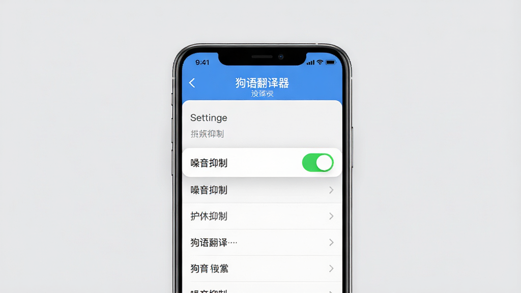 主体:手机屏幕显示“狗语翻译器”设置页面,突出“噪音抑制”开关。布局:手机居中,背景为浅灰色。排版:设置列表清晰。风格:简洁UI设计。细节:开关处于开启状态,带绿色高亮。画质:高清,干净,无多余元素。