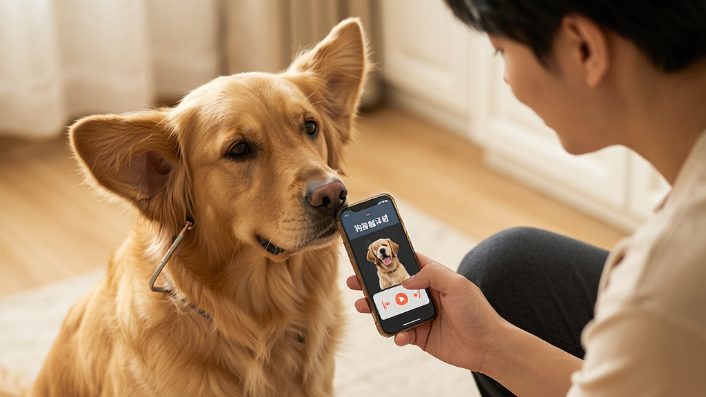 主体:主人蹲下拿着手机对着金毛犬说话,手机播放模拟狗叫声。布局:人物与狗位于画面中央,手机靠近狗耳朵。排版:自然和谐。风格:写实摄影风格,暖色调。细节:金毛犬竖耳倾听,手机屏幕显示“狗语翻译器”播放界面。画质:高清,干净,无多余元素。