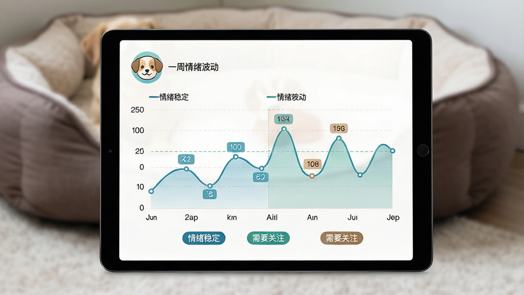 主体:平板电脑显示情绪日记图表,折线图展示一周情绪波动,配有小狗头像。布局:平板居中,背景为模糊的宠物窝。排版:图表清晰,数据标注明确。风格:简约商务风格,蓝绿色调。细节:图表下方有“情绪稳定”、“需要关注”等标签。画质:高清,干净,无多余元素。
