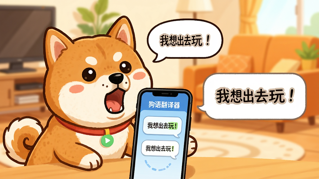 主体:一只可爱的柴犬对着手机屏幕吠叫,屏幕显示“狗语翻译器”字样及翻译结果气泡。布局:手机置于画面中央偏下,柴犬在左侧,右侧为放大的翻译文本。排版:简洁明快,文字清晰。风格:卡通插画风格,色彩明亮温馨。细节:狗狗表情生动,翻译气泡内写“我想出去玩!”,背景为居家客厅。画质:高清,干净,无多余元素。