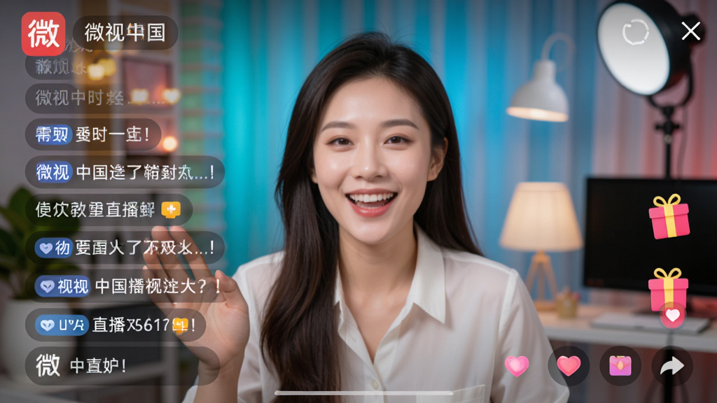微视中国APP的直播功能界面,画面中一位主播正在与观众互动,屏幕上有实时弹幕和礼物图标,背景为直播间场景,界面布局合理,色彩鲜艳,画质清晰,干净无多余元素。