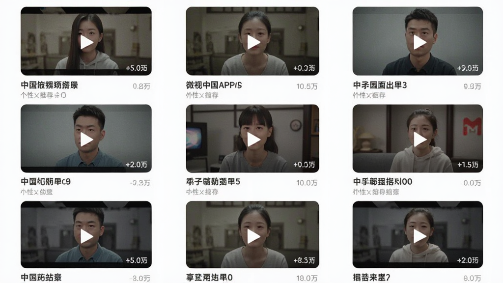微视中国APP的个性化推荐页面,展示多个视频缩略图,每个缩略图下方有标题和播放量,整体采用瀑布流布局,界面清爽,色彩柔和,画质清晰,干净无多余元素。