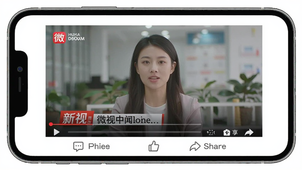微视中国APP的新闻视频播放界面预览图,屏幕上正在播放一则新闻,界面下方有评论、点赞和分享按钮,整体设计简洁,视频画面清晰,色彩自然,手机模型展示,干净无多余元素。