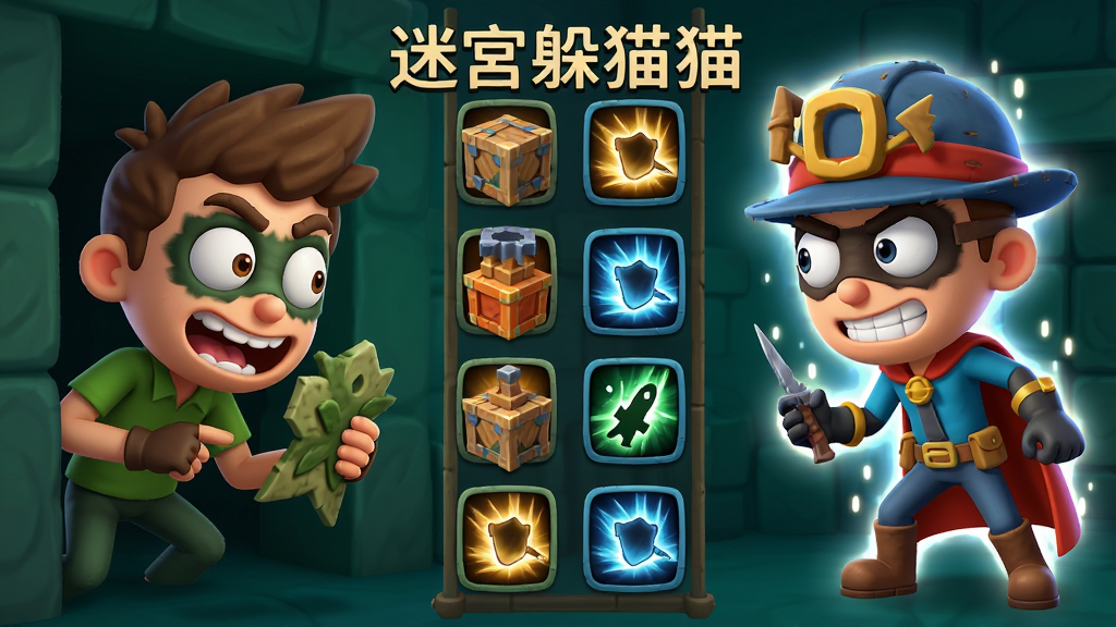 主体:《迷宫躲猫猫》中两个角色对峙的场景,左边是躲藏者,右边是猎手。布局:角色分别位于画面左右两侧,中间有道具栏和技能图标。排版:角色立绘清晰,技能图标排列整齐。风格:卡通渲染,角色表情夸张有趣。细节:躲藏者手中拿着一个伪装道具,猎手身上有发光特效。画质:高清,干净,无多余元素。