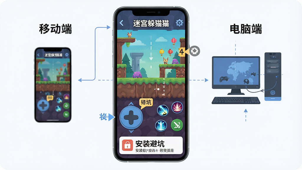 主体:一部手机正在运行《迷宫躲猫猫》,屏幕上显示游戏操作界面,有虚拟摇杆和技能按钮。布局:手机居中,屏幕画面清晰,旁边有“移动端”和“电脑端”操作示意图。排版:图文并茂,重点操作步骤有标注。风格:扁平化设计,简洁明了。细节:摇杆和按钮位置标注清晰,底部有“安装避坑”提示框。画质:高清,干净,无多余元素。