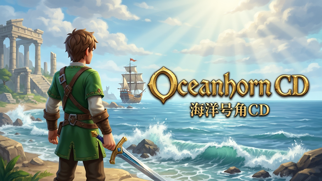 主体:游戏主视觉图,展示主角站在海边眺望远方的场景,背景有古代遗迹与帆船。布局:人物位于画面左侧,右侧为广阔海洋与天空,中心偏右放置游戏标题“Oceanhorn CD”。排版:标题采用金色艺术字体,下方标注“海洋号角CD”中文副标题。风格:幻想风格,色彩明亮通透,光影柔和。细节:主角身着绿色束腰外衣,手持长剑,海浪拍打礁石,云层中透出阳光。画质:4K高清,细节丰富,干净无多余元素。