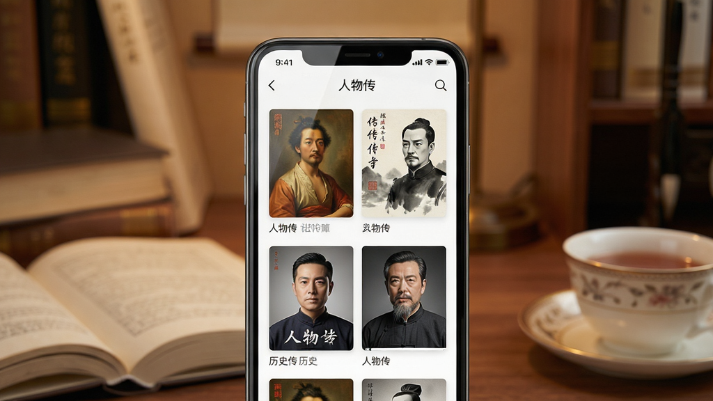 主体为智能手机屏幕特写,屏幕上显示“人物传”应用界面,界面中以瀑布流形式展示不同历史人物的传记封面,封面风格各异,有油画风、水墨风、摄影风,背景为暖色调书房环境,布局为手机居中,周围摆放少量书籍与茶杯,排版清爽,风格为写实摄影,细节包括屏幕反光与书页纹理,画质高清,干净,无多余元素