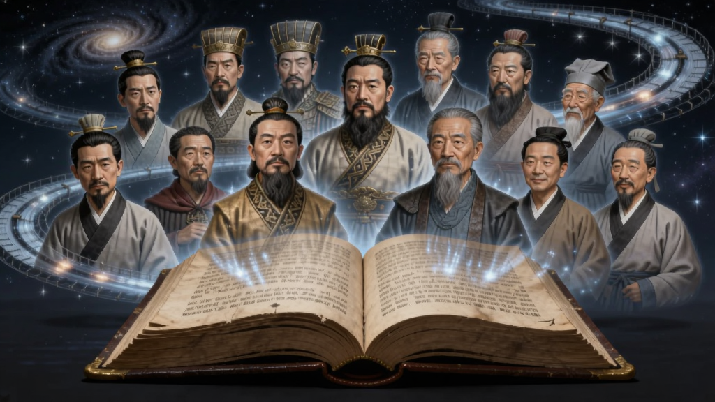 主体为一部打开的古朴书籍,书籍上方浮现众多历史名人的半透明立体影像,包括帝王将相与文人墨客,背景是浩瀚星空与流动的时间长河,布局采用中央对称,书籍位于画面中心偏下,人物影像环绕书籍周围呈扇形排开,排版疏密有致,风格为写实与梦幻结合的数字绘画,细节丰富,人物衣纹与书籍纸张纹理清晰,画质高清,干净,无多余元素