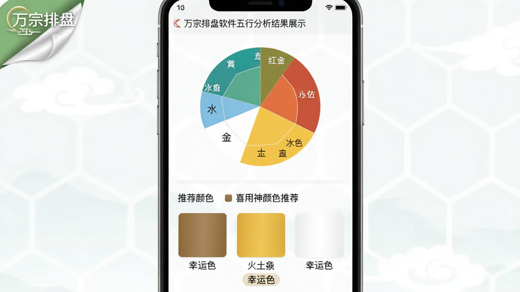 主体:万宗排盘软件五行分析结果展示,包含五行统计饼图和喜用神颜色推荐。布局:手机竖屏,上方为五行饼图,下方为推荐颜色色卡与文字。排版:饼图居中,色卡横向排列。风格:清新淡雅,木、火、土、金、水对应绿、红、黄、白、蓝。细节:界面有“万宗排盘”角标,色卡下方标注“幸运色”字样。画质:高清,干净,无多余元素。