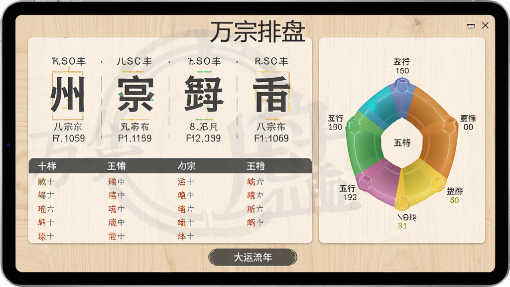主体:万宗排盘软件运行中的八字排盘结果界面,四柱八字用大号字体展示,下方为十神列表。布局:平板电脑横屏展示,左侧为八字信息,右侧为五行力量分布条形图。排版:数据排列整齐,左右分栏。风格:科技感与古典结合,背景为浅色木纹,字体为深灰。细节:界面顶部有“万宗排盘”水印,底部有“大运流年”按钮。画质:高清,干净,无多余元素。