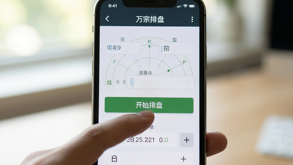 主体:万宗排盘APP在手机上的实际使用场景,用户手指点击“开始排盘”按钮。布局:手机特写,屏幕显示输入界面,背景虚化。排版:手机居中,手指突出。风格:写实摄影风,自然光线。细节:屏幕上方显示“万宗排盘”字样,下方有日期选择器。画质:高清,干净,无多余元素。