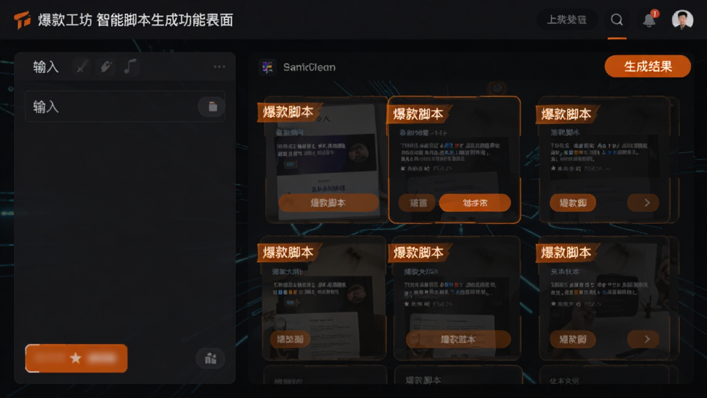 爆款工坊智能脚本生成功能界面截图,左侧为输入框,右侧为生成结果预览,展示多个脚本大纲卡片,卡片上标注“爆款脚本”字样,界面采用深色模式,搭配橙色高亮按钮,整体科技感十足,画质细腻,无多余元素