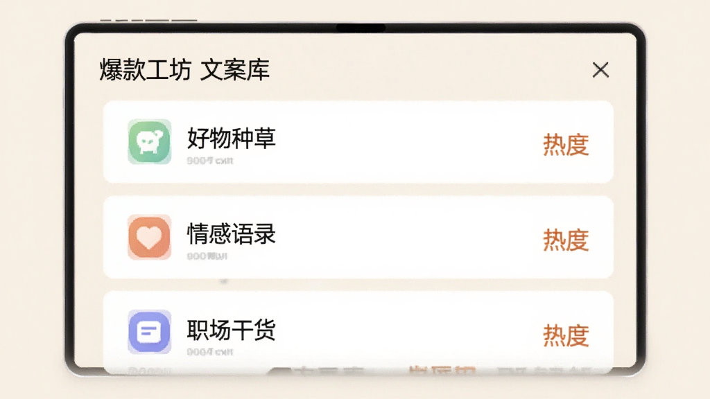 爆款工坊文案库界面展示,屏幕上以列表形式呈现多种文案分类,如“好物种草”、“情感语录”、“职场干货”,每个分类配有图标和热度指数,背景为淡雅米色,整体风格清新简约,文字清晰可读,画质干净