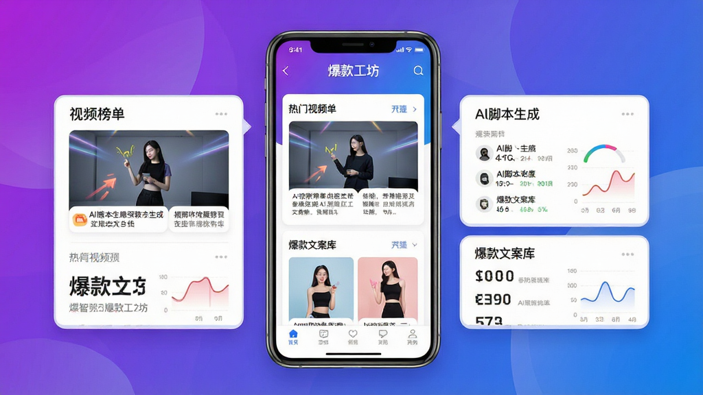一张展示爆款工坊软件核心界面的高清预览图,画面中央是手机屏幕,屏幕内显示“爆款工坊”主界面,包含热门视频榜单、AI脚本生成、爆款文案库等模块,背景为时尚的渐变紫色与蓝色,整体布局简洁明快,突出AI智能创作与数据驱动,画质清晰,干净无多余元素