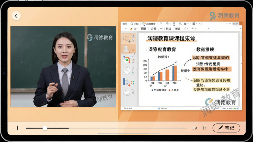 主体:润德教育APP内的课程播放页面,讲师正在讲解知识点,画面包含PPT课件;布局:平板横屏展示,左侧为讲师视频窗口,右侧为课件文字;排版:课件条理清晰,配有图表和重点标记;风格:专业教育风格,色调温馨,视频画面清晰;细节:讲师形象专业,课件上有“润德教育”水印,屏幕下方有进度条和笔记按钮;画质:高清流畅,干净,无多余元素