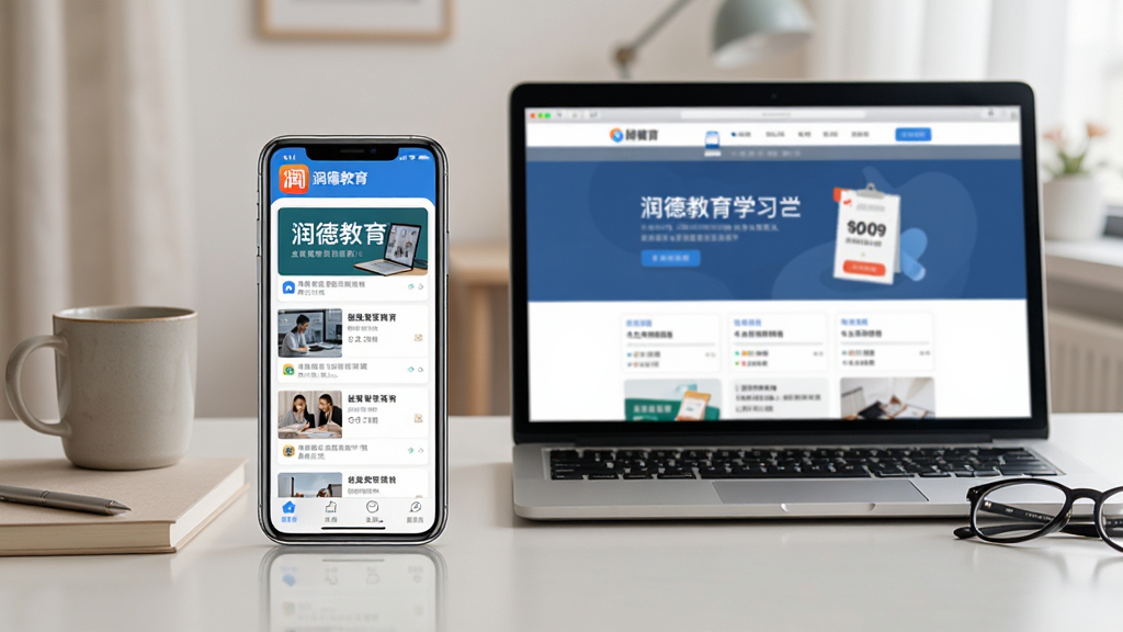 主体:一部手机和一台笔记本电脑并排放在书桌上,手机屏幕显示润德教育APP课程列表,电脑屏幕显示官网学习页面;布局:左右对称,手机在左,电脑在右;排版:屏幕内容清晰可辨,桌面整洁;风格:居家学习氛围,光线柔和;细节:手机上有“润德教育”图标,电脑旁有水杯和眼镜,画面自然;画质:高清,干净,无多余元素