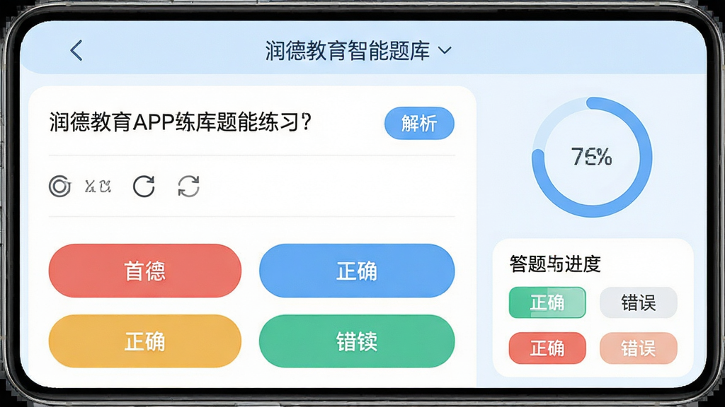 主体:润德教育APP的题库练习界面,屏幕显示选择题和答题卡;布局:手机竖屏,上方为题目,下方为选项按钮,右侧有答题进度圆环;排版:界面简洁,字体清晰,选项颜色区分明显;风格:清新学习风,背景淡蓝色,按钮圆润;细节:题目旁有“解析”按钮,答题卡标出正确与错误,顶部显示“润德教育智能题库”字样;画质:细腻,干净,无多余元素