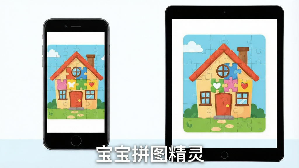一张展示宝宝拼图精灵在手机和平板上运行的对比图,画面主体是左侧一部手机,右侧一台平板,两者屏幕上都显示着相同的拼图界面,正在拼一个卡通小房子。布局为左右对称,主体清晰,排版规整,风格为简洁的科技感插画,细节展现屏幕中拼图碎片的颜色和形状,画质明亮干净,无多余元素,画面底部有“宝宝拼图精灵”的白色文字。