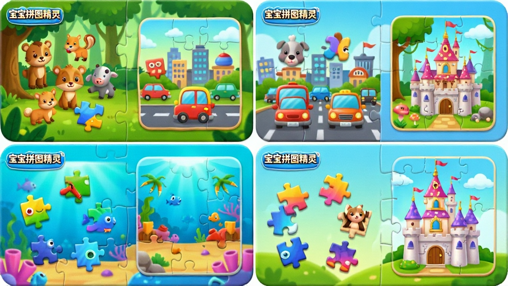 宝宝拼图精灵的丰富主题场景展示图,画面主体是四个分屏缩略图,分别展示动物森林、城市交通、海洋乐园和童话城堡的拼图界面,每个缩略图中都有对应的拼图碎片和完成后的完整图案。布局采用2x2网格排列,主体清晰,排版整齐,风格为可爱的卡通UI界面设计,细节展示拼图块边缘的圆润质感和色彩渐变,画质高清干净,无多余元素,每张缩略图左上角有“宝宝拼图精灵”的小型logo。
