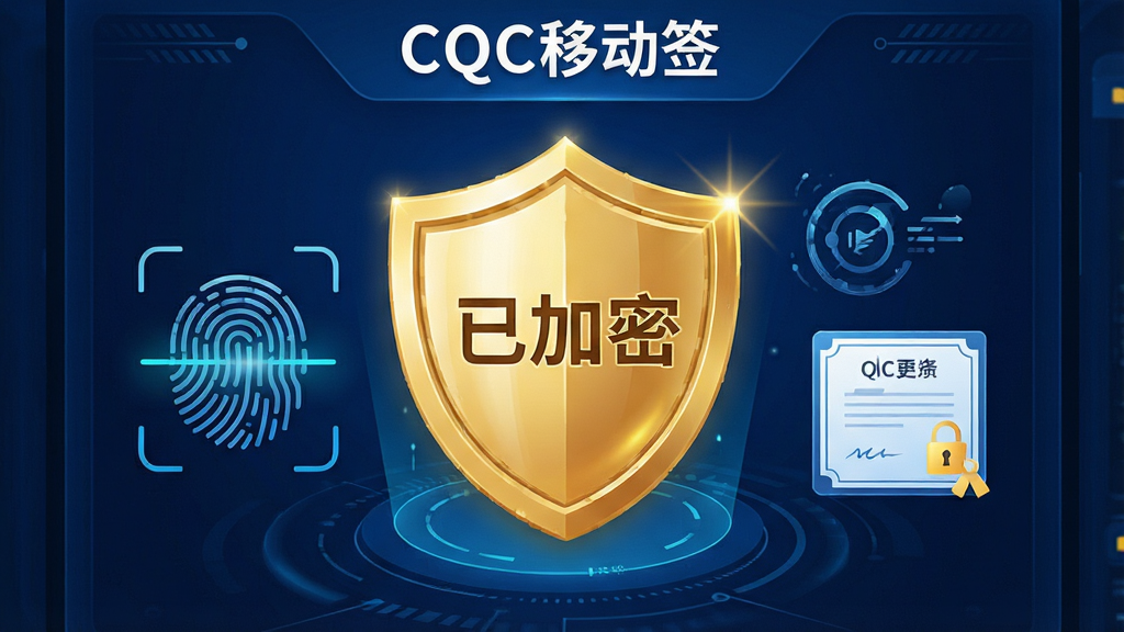 图片主体为“CQC移动签”应用的安全中心功能界面特写,背景为深蓝色科技感纹理。界面中央展示一个金光闪闪的盾牌图标,盾牌上刻有“已加密”字样,周围环绕着指纹扫描与数字证书的抽象图形。布局采用左右对称结构,风格偏向商务科技风,细节处理精细,表现出强烈的数据安全感。画质清晰锐利,色彩饱和,无多余元素。