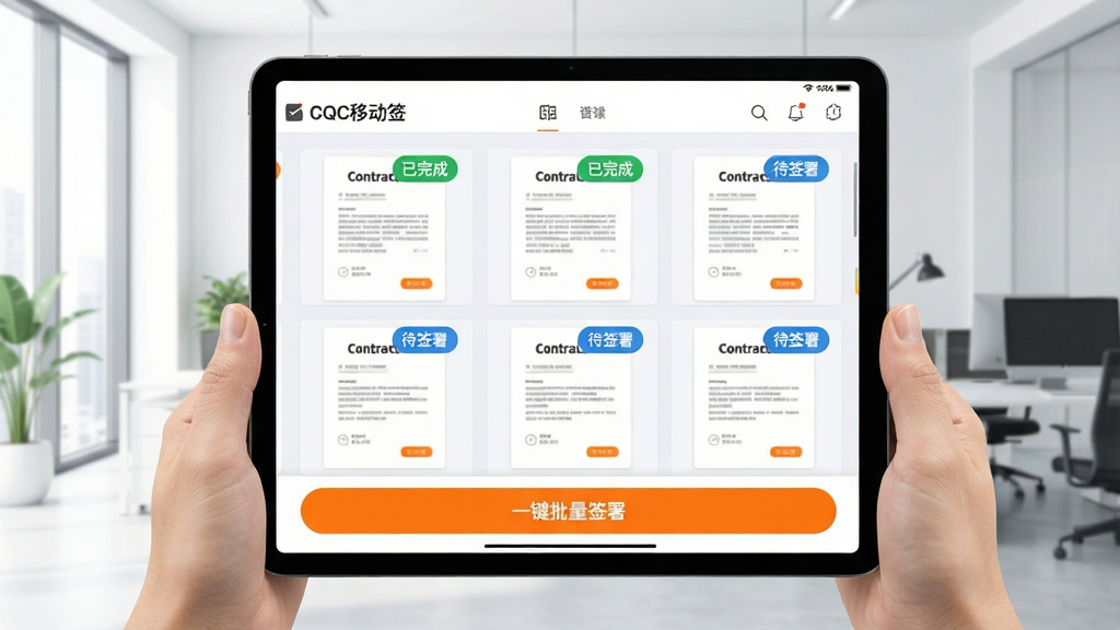 画面主体为“CQC移动签”应用在平板电脑上的批量管理界面,背景是干净明亮的现代办公室。屏幕上整齐排列着多个合同文件缩略图,每个文件右上角都有绿色的“已完成”或蓝色的“待签署”状态标记,底部有一个显眼的“一键批量签署”橙色按钮。布局为网格状,扁平化设计,色彩明快,细节丰富,画质干净,无多余杂物。