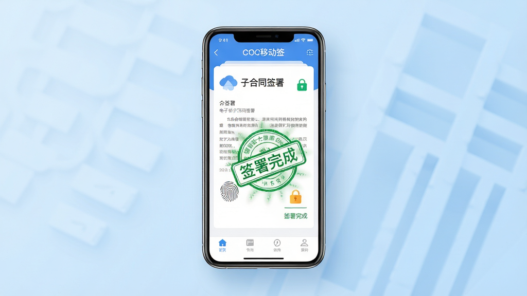画面主体为一款名为“CQC移动签”的智能手机应用界面悬浮在清爽的浅蓝色商务背景中央,屏幕内展示着清晰的电子合同签署页面与“签署完成”绿色印章特效。整体布局采用居中对称构图,界面元素简洁明快,扁平化设计风格,细节处展现指纹识别与加密锁图标。画质高清细腻,光影柔和,干净无多余元素。